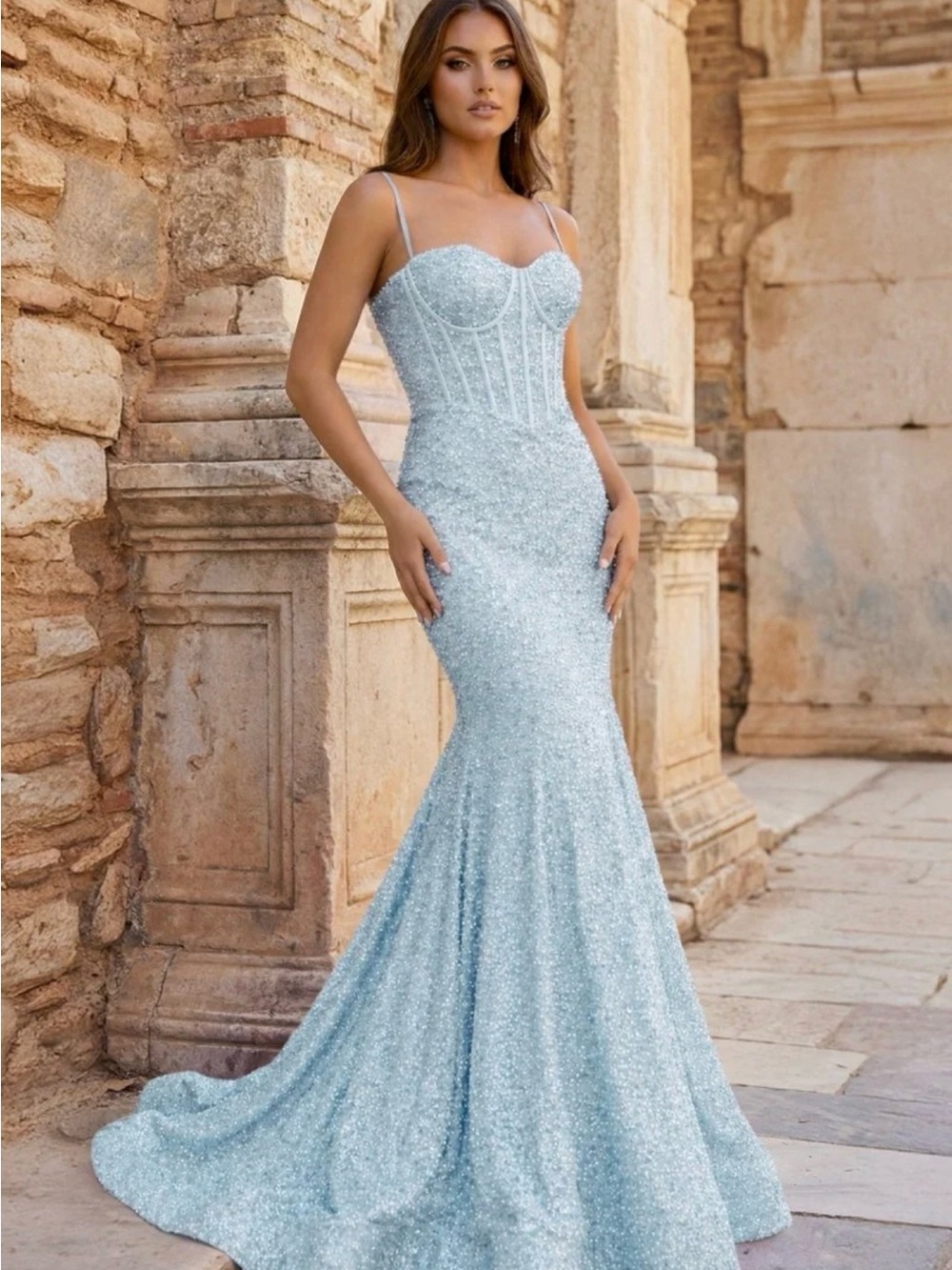 Light Blue Sequin Mermaid Prom Dress with Corset